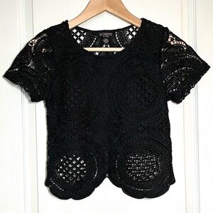 Revamped Black Crochet Lace Short Sleeve Top Fairy Grunge Festival Boho Size S